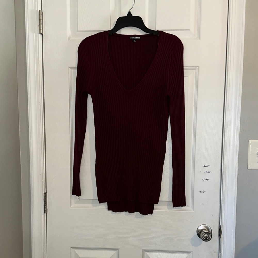 Fashion Nova Burgundy V-Neck Sweater